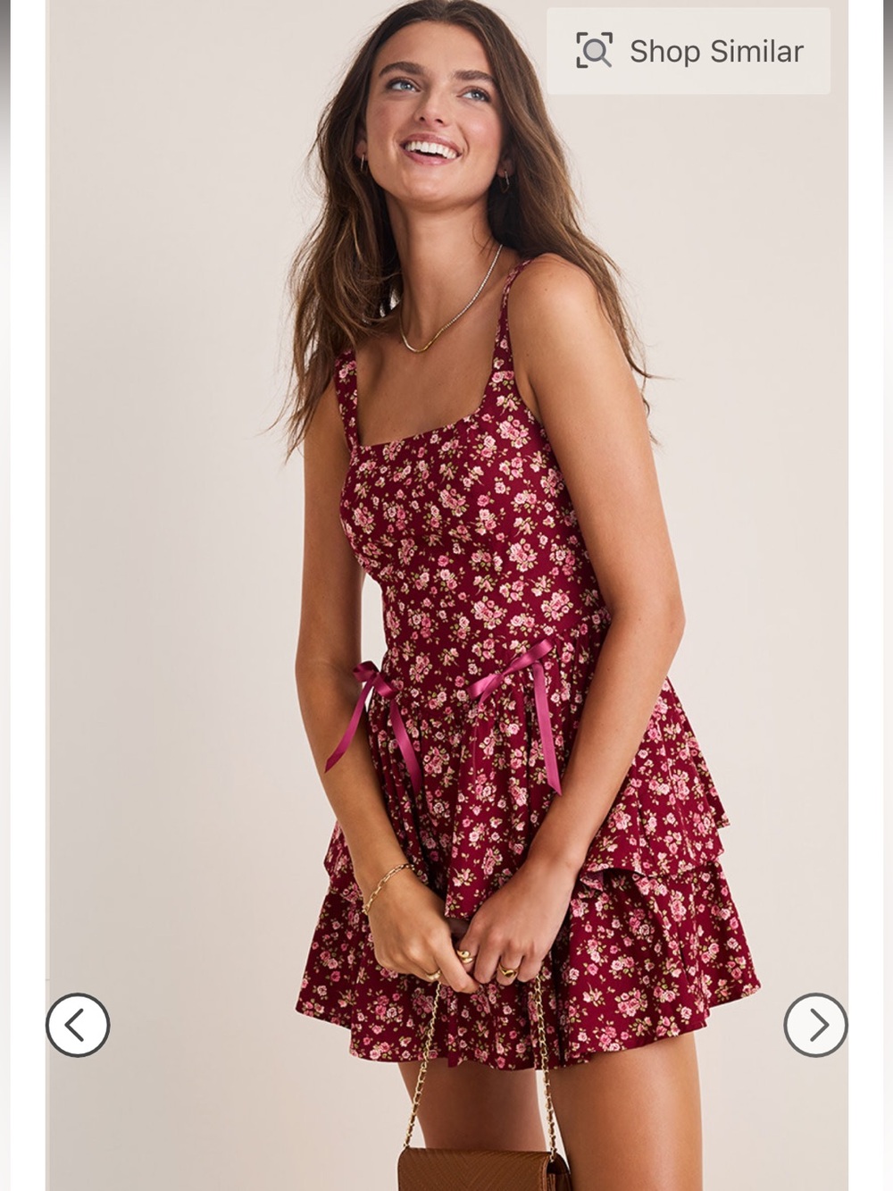 francescas ginnie burgundy red floral print bow detail tiered mini dress small